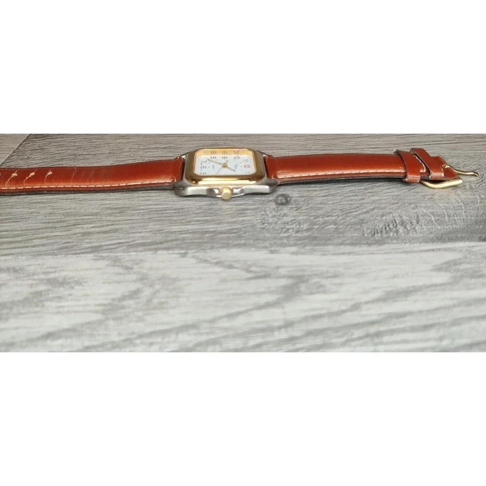 Vintage Vogue Quartz Watch Square Two Tone Case Japan Movt Brown Leather Strap